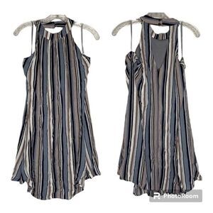 FSL Apparel Blue Brown White Striped Sleeveless Halter Shift Dress Neutral Small